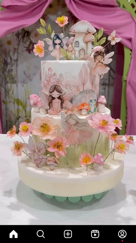 Fairy Theme Birthday Cake, Fairy Cake Ideas, Dolly Varden Cake, Fairy Theme Birthday Party, Garden Party Cakes, Fairy Princess Party, Fairy Birthday Cake, 7th Birthday Cakes, Fairy Garden Party