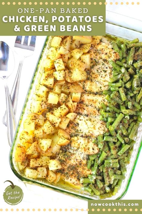 This classic one-dish baked chicken, potatoes and green beans with Italian seasonings is so easy and delicious, it's sure to become a regular in your dinner rotation. If you're looking for a simple, no-fuss, family-friendly meal with minimal prep time, easy clean-up, and lots of flavor, this is a must-try. After a few quick minutes to put it all together, the oven does the rest of the work for you. All that's left to do it sit down and enjoy! Get the recipe and give it a try! Green Bean Chicken Potato Bake, Italian Chicken And Green Beans, Chicken Vegetable Bake Recipes, One Pan Chicken And Vegetables, Italian Chicken Potatoes Green Beans, Potatoes And Chicken Recipes, Chicken Breast And Potatoes Recipes, Chicken Potatoes And Veggies, One Pan Chicken Recipes