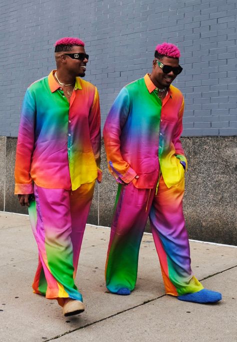 Carnival Inspiration, Silk Pajama Pants, Rainbow Gradient, Rainbow Outfit, Queer Fashion, Pride Outfit, Sticky Rice, Pajama Pant, Disco Party