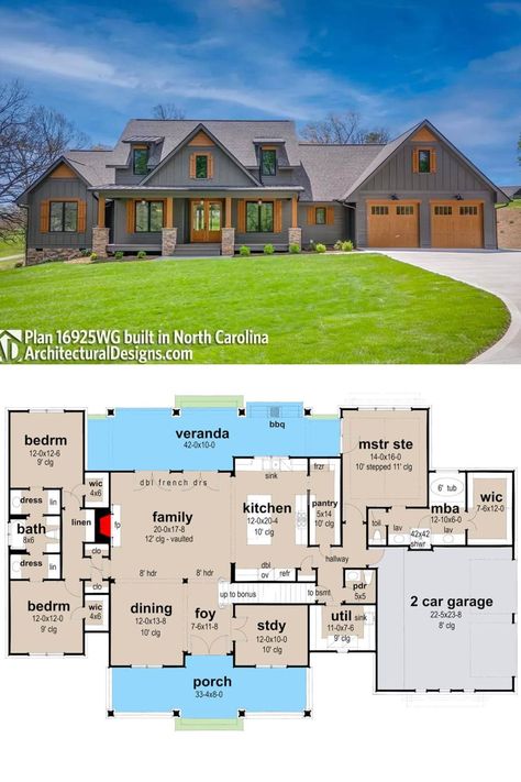 This 3-bedroom country craftsman home boasts a cozy and inviting facade with vertical and horizontal siding, natural wood accents, and a welcoming front porch framed by stone base pillars. Home With Loft, Horizontal Siding, Luxury Bungalow, Home Stratosphere, Natural Wood Accents, Chelsea Deboer, Floor Plan Creator, Bedroom Country, Porch House Plans