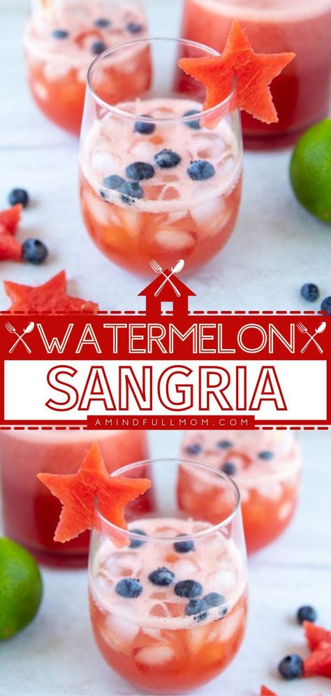 Memorial Day Mixed Drinks, Memorial Day Drinks Alcohol Easy, Watermelon Sangria Recipe, Watermelon Recipes Drinks, Picnic Drinks, Watermelon Sangria, Fourth Of July Drinks, Patriotic Cocktails, Easy Sangria Recipes