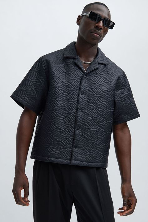 Available In Black. Fold Down Collar Front Button Closure Short Sleeve Shell: 100% Nylon Lining/Padding: 100% Polyester Imported | Mens Java Quilted Nylon Shirt in Black size 3XL by Fashion Nova Cool Outfits For Men Summer, Men’s Modern 70s Fashion, Mona Aesthetics, Streetwear Fashion Men Summer, Masc Streetwear, 90s Black Men Fashion, 90s Black Men, Quilted Shirt, Aesthetic Outfits Men