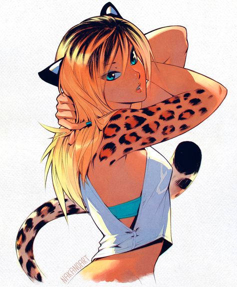 Leopard Ears, Tiger Girl, Aqua Eyes, Multicolored Hair, Anime Animals, Girls Characters, Monster Girl, Female Character Design, Cat Girl