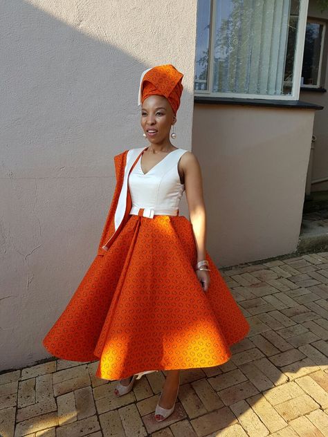 Seshweshwe Dresses, Sesotho Traditional Dresses, African Print Wedding Dress, South African Traditional Dresses, Dresses Orange, African Traditional Wear, Shweshwe Dresses, Traditional African Clothing, African Dresses Modern