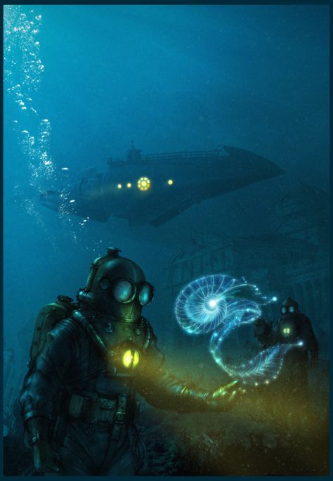 fsposterart 20 000 Leagues Under The Sea Nautilus, 20 Thousand Leagues Under The Sea, Deep Sea Diver Art, Submarine Craft, Submarine Art, Nautilus Submarine, Submarine Movie, Diver Art, Arte Steampunk