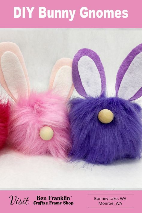 Create your own DIY Bunny Gnomes starting with our colorful faux fur pom poms! Match to our selection of felt for the ears, then add their little noses and tails. Video tutorial included! #BenFranklin #gnome #DIY #craft Fake Fur Crafts, Bunny Ears Template, Diy Bunny Ears, Bunny Gnomes, Pom Pom Bunnies, Gnome Diy, Diy Bunny, Easter Bunny Ears, Diy Pom Pom