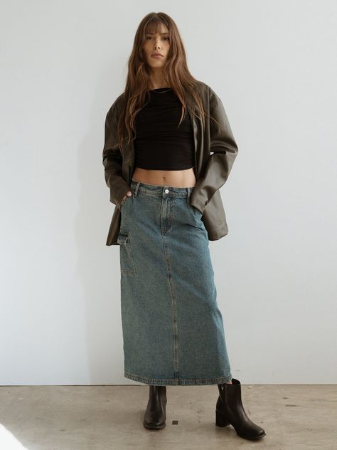 Cargo Denim Skirt, Uggs Outfit, Style Finder, Denim Maxi Skirt, Cargo Skirt, Denim Midi Skirt, Skirts With Pockets, Faux Leather Jackets, Side Pocket