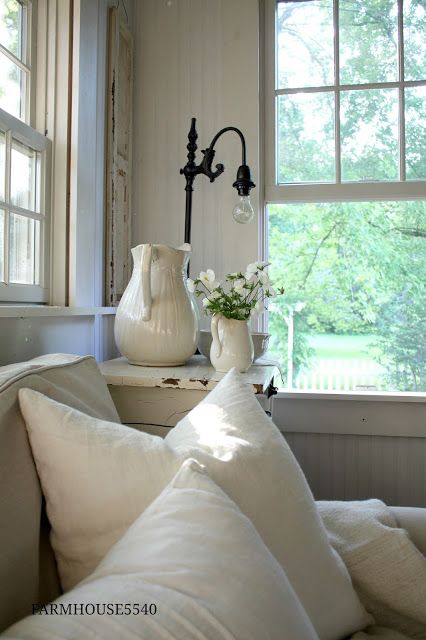 FARMHOUSE 5540: Some August Inspiration Sunporch Decorating Ideas, Farmhouse 5540, Farmhouse Lamp, Farmhouse Lamps, Farmhouse Primitive, Farmhouse Inspiration, The Farmhouse, White Rooms, Cottage Living