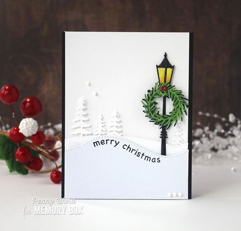 Christmas Lamp Post, Memory Box Cards, Memory Box Dies, Homemade Christmas Cards, Stampin Up Christmas Cards, Scrapbooking Photo, Diy Christmas Cards, Shrink Plastic, Christmas Cards To Make