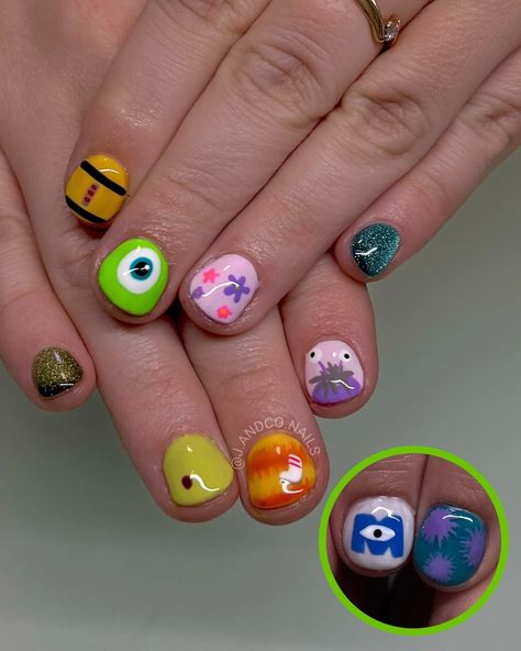 BOO💚🩷🩵 . #nailaddict #nailsnailsnails #nailtech #nails #naildesign #nailart #renotahoe #disneynails #monstersinc #monstersincnails #handpainted #nailsbyjohnnie Monster University Nails, Inside Out Nails, University Nails, Monster Inc Nails, Trip Nails, Monster Inc, Disney Nails, Monster University, Nail Inspiration