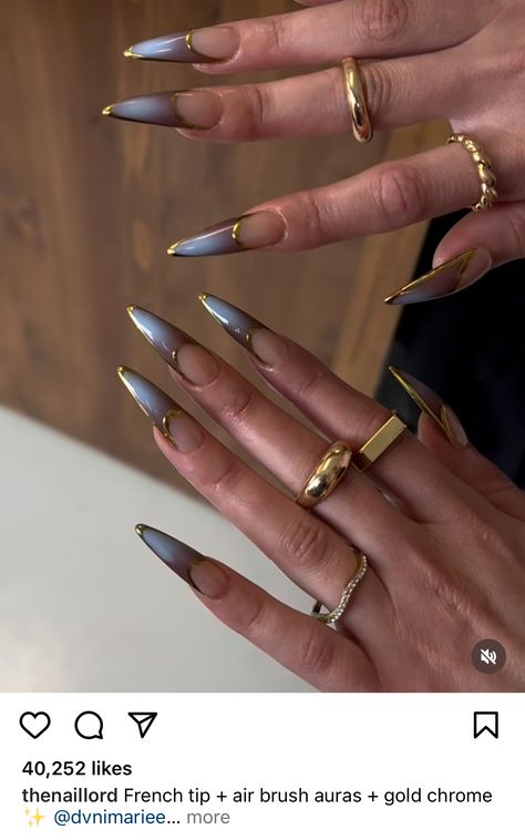 Dramatic French Tip Nails, Dark Stiletto Nails, Unique Black And Gold Nails, Black And Gold Stiletto Nails, Gold Claw Nails, Gold Goth Nails, Black And Gold Egyptian Nails, Silhouette Nails, Retro Nails