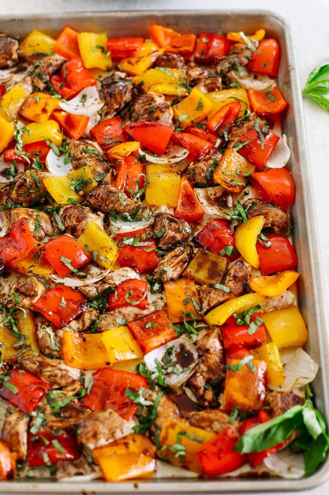 Sheet Pan Honey Balsamic Chicken and Veggies One Sheet Healthy Meals, Sheet Pansheet Pan Dinner, Healthy Frozen Chicken Recipes, Sweet Pepper Chicken Recipes, Caprese Sausage Recipes, Meat And Veggie Sheet Pan Meals, Chicken Weekly Meal Prep, Healthy Lean Meat Recipes, Macro Sheet Pan Meals