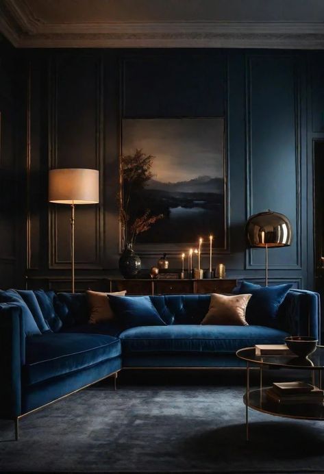 Dark Glamour Interior, Moody Parisian Living Room, Moody Lounge Room, Moody Rooms Inspiration, Moody Blue Living Room, Moody Den, Moody Living Room Ideas, Dark Moody Living Room, Dark And Moody Living Room