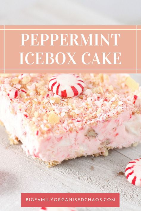 The perfect Christmas Dessert, peppermint Icebox cake is simple to make and minty to taste.  #bigfamilyorganisedchaos #christmas #peppermint Feeding Large Family, Icebox Cakes, Perfect Christmas Dessert, Organised Chaos, Icebox Cake Recipes, Christmas Peppermint, Big Families, Large Family Meals, Large Families