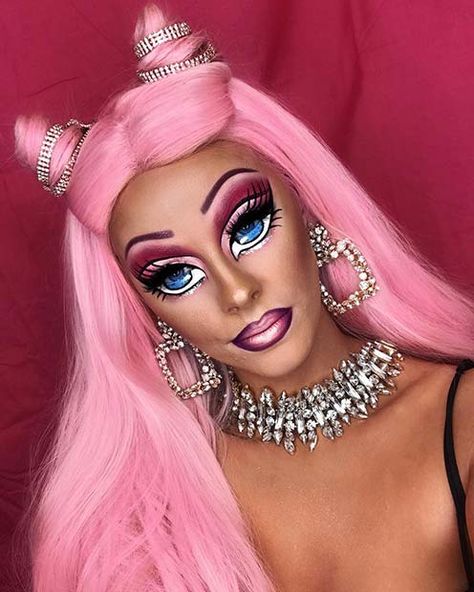 Bratz Doll Makeup Idea Barbie Doll Makeup, Creepy Doll Makeup, Doll Lashes, Doll Face Makeup, Makeup Ideas For Halloween, Yarn Wig, Light Pink Hair, Painting Halloween, Barbie Halloween