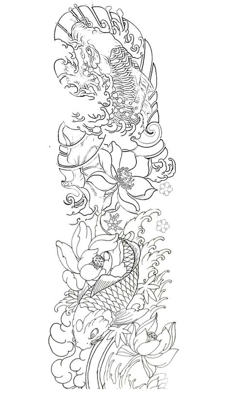 Temple Back Tattoo, Koi Fish Sleeve Tattoo For Women, Koi Fish Sleeve Tattoo, Koi Fish Tattoo Stencil, Sleeve Tattoo Stencil, Large Tattoo Designs, Abstract Tattoo Ideas, Half Sleeve Tattoos Forearm, Koi Tattoo Design