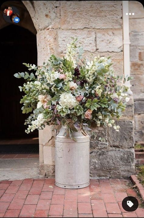 Foliage For Flower Arranging, Milk Churn Wedding, Wedding Milk Churn, Wedding Flowers Entrance, Flowers In Milk Churns, Milk Can Floral Arrangements, Milk Churn Flower Arrangements, Marquee Entrance Flowers, Milk Churn Flowers Wedding