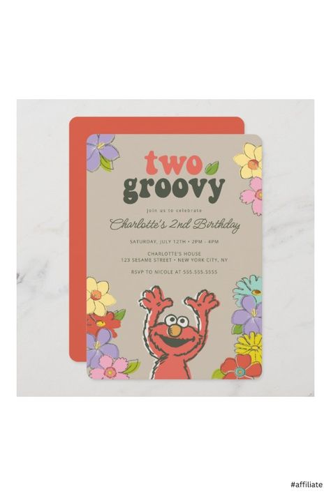 Groovy Invitations, Sesame Street Birthday Invitations, Groovy One, Sesame Workshop, Two Groovy, Elmo Birthday Party, Floral Birthday Invitations, Sesame Street Elmo, Sesame Street Birthday Party