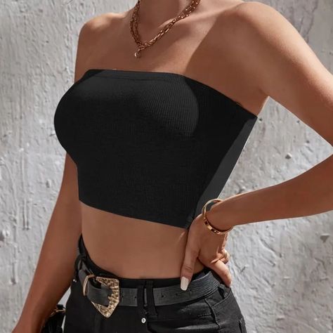 Free black tube top with any purchase#style #shopnow #classicstyle #weddingguest Bandeau Top Outfits, Black Tube Top Outfit, Cute Spaghetti Strap Tops, Casual Bra, Black Dress Style, Strapless Shirt, Black Tube Top, Bauchfreies Top, Top Strapless