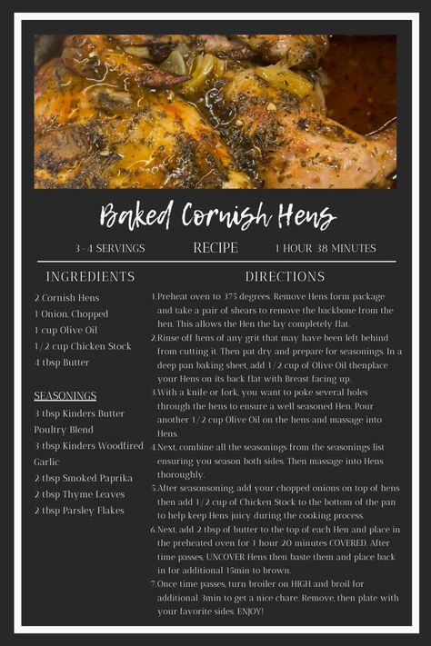 Cornish Hen Recipe Baked, Bake Cornish Hen Recipe, Baked Cornish Hens, Cooking Cornish Hens, Quick Cheap Meals, Cornish Hen Recipe, Cornish Hen, Cornish Hens, Thanksgiving Cooking