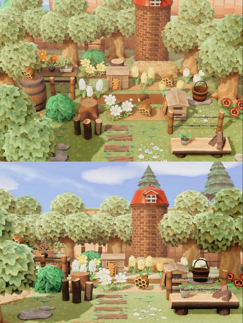 Acnh Diagonal Farm, Acnh Silo Ideas, Animal Crossing Honey Farm, Acnh Honey Farm Ideas, Farm Core Animal Crossing, Acnh Bee Farm Ideas, Tree Farm Animal Crossing, Acnh Honey Farm, Animal Crossing Bee Farm