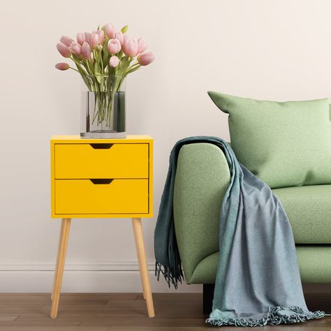 Colourful Bedside Table, Mid Century Bedroom Furniture, Yellow Nightstand, Mid Century Drawer, Yellow Drawers, Coffee Table In Bedroom, End Table Storage, Yellow Side Table, Nightstand White