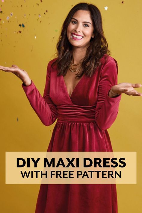 Velvet Maxi Dress tutorial and free pattern from Sew Magazine Velvet Maxi Dress Pattern, Christmas Sew Dress, Sew Magazine Free Pattern, Christmas Dress Pattern Women, Evening Dresses Patterns, Stretch Velvet Dress Pattern, Maxi Dress Free Pattern, Diy Winter Dress, Velvet Dress Pattern Sewing