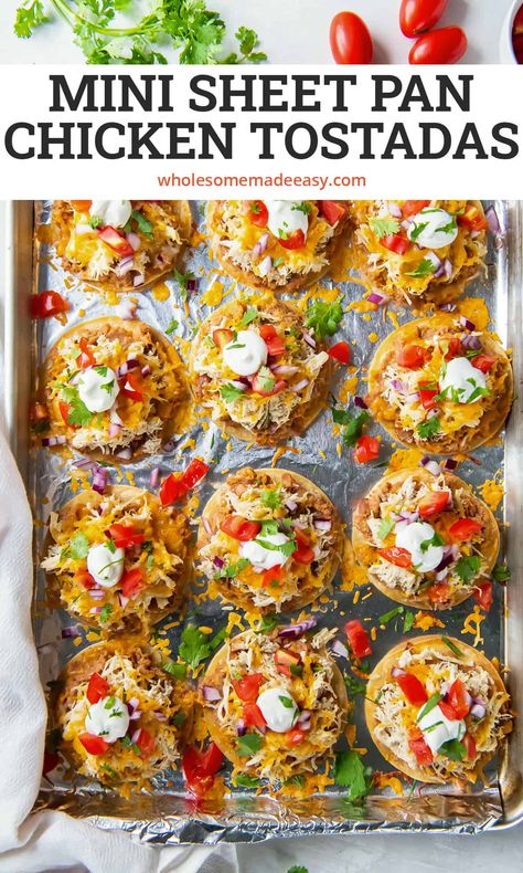 Bake a sheet pan full of these mini chicken tostadas in about 30 minutes for an easy dinner or fun party snack. Crispy baked street taco tortillas are loaded with beans, chicken, cheese and your favorite toppings. Healthy Pan Meals, Dinner With Ingredients You Have, New Family Dinner Ideas, Good Summer Dinner Ideas, Healthy Dinner Recipes For Two Easy, Healthy Summer Sheet Pan Dinners, Sheet Pan Summer Dinners, Easy Family Meal Plan, Easy Weekly Dinners