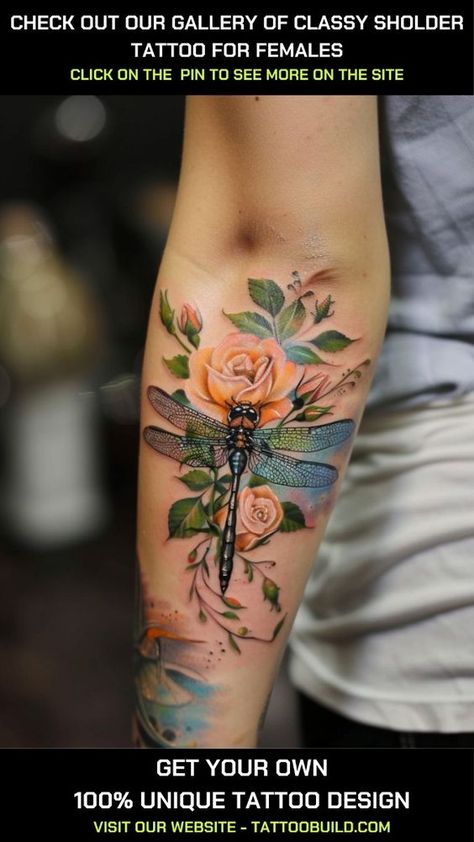 🌟 Check out this beautiful dragonfly tattoo on the back of the arm! Perfect for women looking for delicate and meaningful ink, this design symbolizes transformation and grace. #DragonflyTattoo #ArmTattoo #TattooIdeas #WomenWithTattoos #TattooInspiration Dragonfly Leg Tattoos For Women, Flowers And Dragonfly Tattoo, Dragon Fly Tattoos For Women, Dragonfly Arm Tattoo, Realistic Dragonfly Tattoo, Dragonfly Tattoo For Women, Dragonfly Tattoo Ideas Unique, Ash Tattoo, Floral Tattoo Ideas