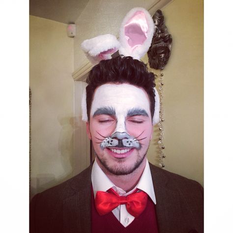 Cute white rabbit face paint White Rabbit Face Paint, Rabbit Face Makeup, Rabbit Face Paint, Adriana Lima Without Makeup, Face Paint For Men, White Rabbit Makeup, Alice Makeup, Bunny Face Paint, Rabbit Nose