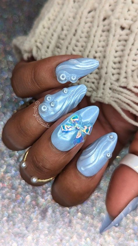 Baby Blue Press On Nails, Quince Nails Dusty Blue, Cute Light Blue Nail Designs, Dorothy Inspired Nails, Sky Blue Glitter Nails, Dainty Blue Nails, Nail Designs Overlay, Powder Blue Nails Acrylic, Nails With 3d Designs