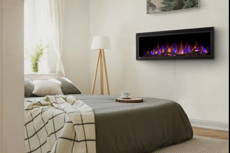 Wall Hanging Electric Fireplace Hanging Electric Fireplace, Napoleon Electric Fireplace, Napoleon Fireplace, Modern Electric Fireplace, Wall Mounted Fireplace, Wall Mount Electric Fireplace, Fire Pit Designs, Blue Flames, Outdoor Living Areas