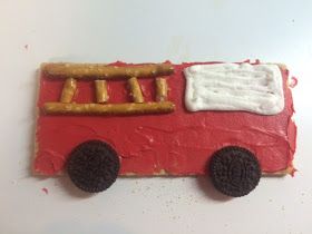 David's class studied fire safety this week, so we decided to make these treats for his class.      We covered a graham cracker with red fr... Fire Truck Preschool, Kids Food Ideas, Fire Truck Activities, Monster Truck Room Decor, Graham Cracker Snacks, Fire Safety Preschool Crafts, Monster Truck Cookies, Firetruck Birthday Party, Monster Trucks Birthday Party