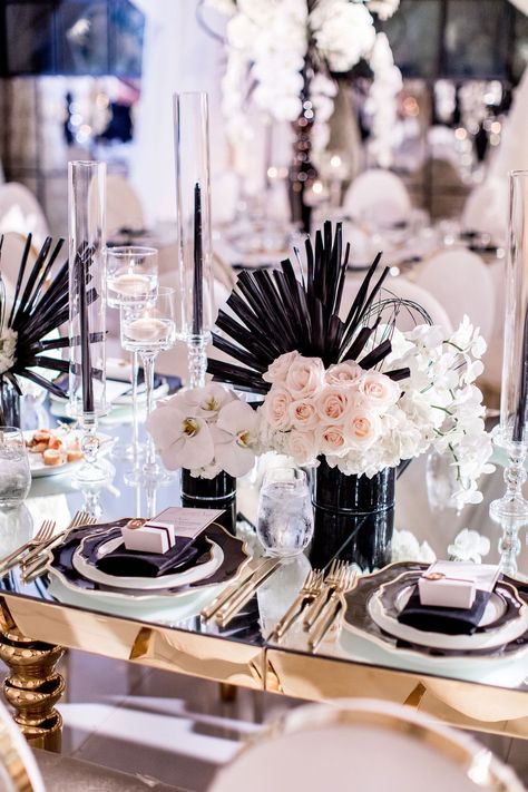 Edgy Centerpieces, Black And White Wedding Decor, September Wedding Colors, Modern Glam Wedding, Rose Centerpiece, Starburst Chandelier, Black Taper Candles, Hotel Bel Air, Edgy Wedding