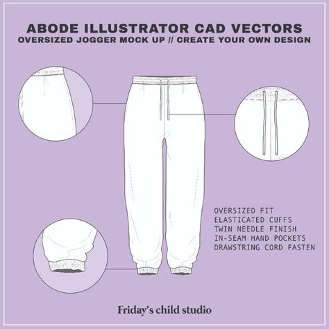 Editable/downloadable Adobe Illustrator (AI) file - basic AI skills needed for editing vectors.
A quick and easy way of mocking up your own designs and using as part of factor specs / tech packs

Oversized Jogger CAD drawings/vectors.

This CAD/vector is made up of different pieces/elements making it easily editable to your designs - Add your own colour palette / branding / design elements. Fashion Technical Drawing, Oversized Joggers, Flat Drawings, Hoodie Drawing, Flat Sketches, Drawing Clipart, Tech Pack, Cad Drawing, Technical Drawing