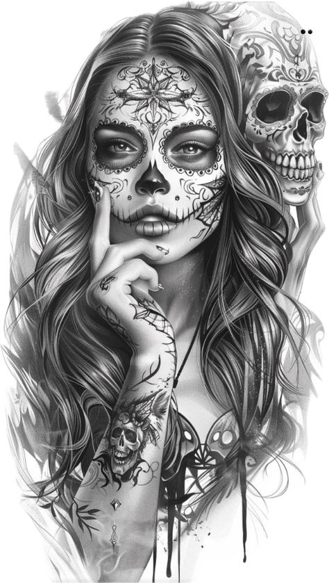 Sugar Skull Art Drawing, Suit Tattoo, Gothic Tattoos, Catrina Tattoo, Sugar Skull Artwork, Skull Girl Tattoo, Mexican Art Tattoos, Girl Face Tattoo, Full Sleeve Tattoo Design