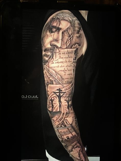 Jesus Tattoo On Arm, Jesus Forearm Tattoo, Jesus Tattoo Sleeve, Religious Tattoo Sleeves, Family Sleeve Tattoo, Jesus Hands, 2023 Tattoo, Family Tattoos For Men, Ganesh Tattoo