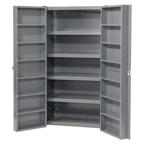 PRICES MAY VARY. Unit is Unassembled Bins sold separately Cut-resistant padlock hasp Includes 4 height adjustable interior shelves 38"W x 24"D x 72"H These pre-assembled storage cabinets have a heavy 16 gauge steel construction for secure, dust-free storage. Cabinets have leveling feet, withstand 250°F and have a gray powder coat finish. Reinforced 4" deep box style doors swing a full 270° on heavy-duty hinges and close with locking handles and a cut resistant padlock hasp. Interior Shel Clever Storage Ideas, Kitchen Cupboard Organization, Industrial Storage Cabinets, Pantry Storage Cabinet, Bin Storage, Metal Storage Cabinets, Kitchen Pantry Storage, Small Closet Organization, Industrial Storage