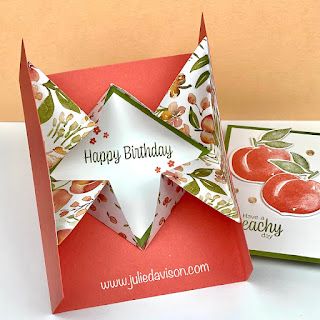 Stampin' Up! You're a Peach Designer Paper Explosion Card ~ Sweet as a Peach ~ www.juliedavison.com #stampinup Unique Birthday Cards Creative, Explosion Cards, Dimensional Cards, Explosion Card, Designer Paper Cards, Youre A Peach, Tarjetas Pop Up, Fancy Fold Card Tutorials, Card Making Templates