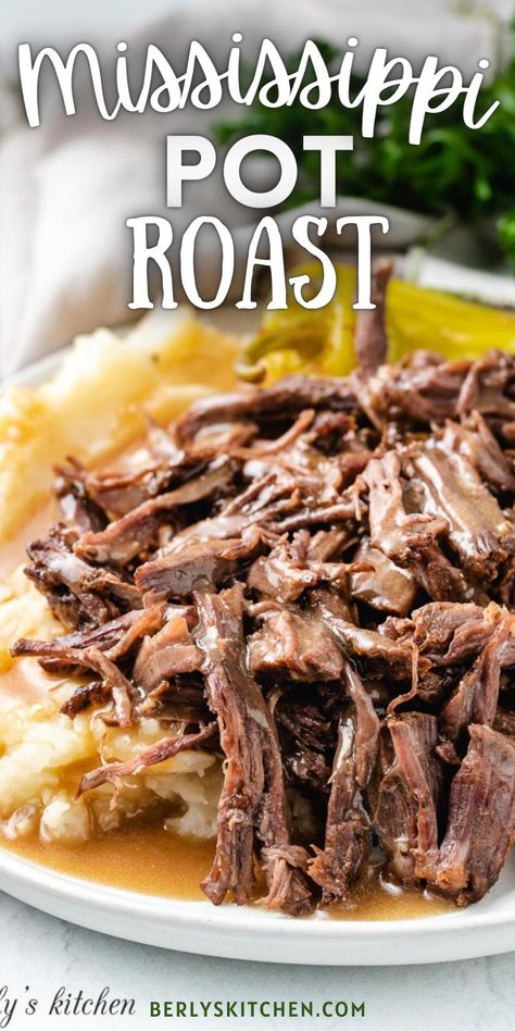 This easy dinner recipe is a family favorite. Chuck roast is cooked low and slow in the oven with pepperoncini peppers and the perfect blend of seasonings for a juicy, flavorful meal. Dutch oven cooking makes this dish so simple - you'll wonder why you didn't make it sooner! Mississippi Pot Roast Recipe, Slow Cooker Mississippi Pot Roast, Mississippi Pot, Mississippi Roast, Easy Mashed Potatoes, Pot Roast Recipe, Mississippi Pot Roast, Roast Recipe, Pot Roast Recipes