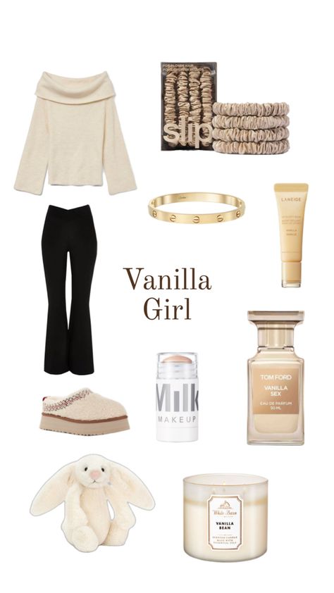 Vanilla Girl aesthetic products Vanilla Beige Aesthetic, Vanilla Cashmere Aesthetic, Vinillna Girl, Vanilla Girl Aesthetic Black Women, Vanilla Girl Winter Outfits, Clean Vanilla Girl Aesthetic, Vinalla Girl, Vanilla Fashion, Vanilla Aesthetic