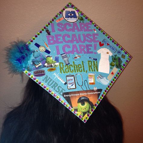 My Nursing Graduation Cap :) I love Monsters Inc. #official #RN #nursingschool #done #rn #monstersinc Graduation Cap Designs Monsters Inc, Monsters Inc Grad Cap, Disney Nursing Graduation Cap, Monsters Inc Graduation Cap, Spongebob Graduation, Spongebob Graduation Cap, Bsn Graduation Cap, Disney Grad Caps, Nurse Graduation Cap Designs