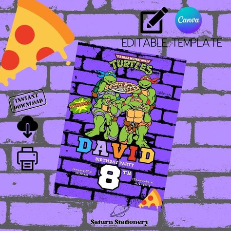 Invitación Digital + Chip Bag Editable Tortugas Ninja Ninja Turtles Birthday Invitations, Ninja Turtle Invitations Template, Tmnt Birthday Party Invitations, Ninja Turtle Birthday Invitations Template, Ninja Turtles Pizza Box Printable, Ninja Turtle Invitations, Ninja Party, Ninja Turtle Party, Turtle Party