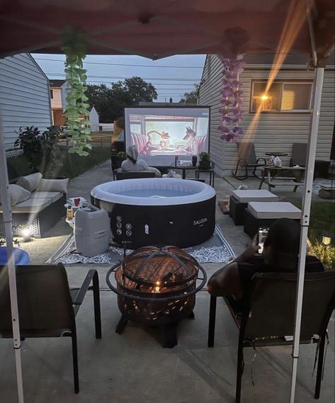 Budget Hot Tub Ideas Backyard, Backyard Set Up Ideas, Diy Backyard Ideas On A Budget Cozy, Backyard Chill Ideas, Garage Hot Tub Room, Cool Backyard Ideas Creative, Diy Outdoor Spaces On A Budget, Outdoor Sitting Area On A Budget, Garage Hot Tub Ideas