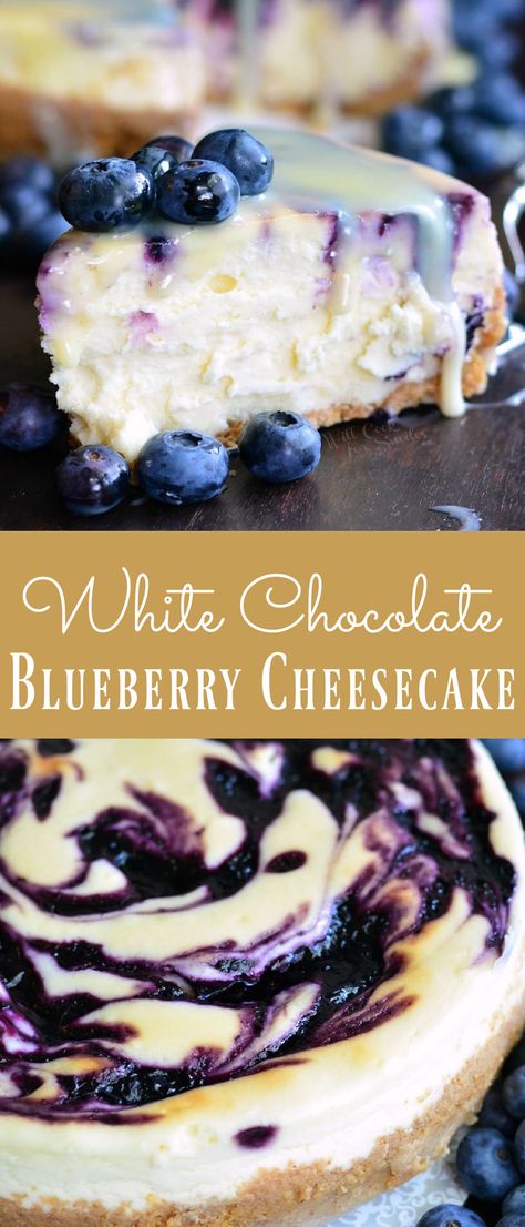 White Chocolate Berry Cheesecake, Elegant White Chocolate Blueberry Swirl Cheesecake, Cheesecake Recipes Berry, Blueberry Cobbler White Chocolate Cheesecake, Half And Half Cheesecake, Cheesecake Recipes Fancy, Blueberry Jam Desserts, Blueberry White Chocolate Cheesecake, Different Kinds Of Cheesecake