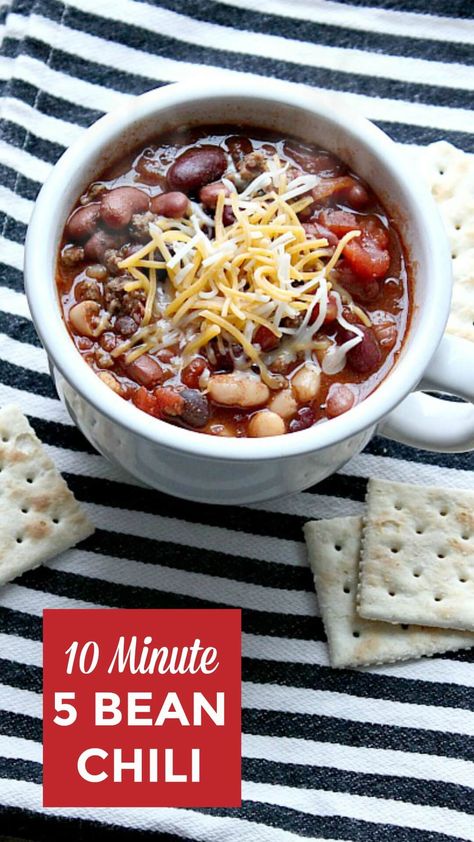 Super Simple 10 Minute Five Bean Chili Easy Chili No Beans, Multi Bean Chili Recipe, Five Bean Chili Recipe, Five Bean Chili, 5 Bean Chili Recipe, Easy Fast Chili Recipe, Crockpot Chilli No Beans Easy, Chili Beans Crockpot, 5 Bean Chili