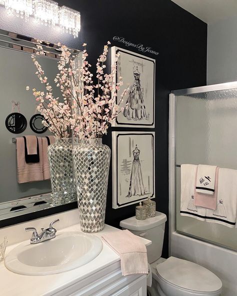 Five Things You Can Do to Create a Glam Bathroom - Designs by Jeana Cream And Gold Bathroom Decor, Small Glam Bathrooms, Small Glam Bathroom Decor Ideas, Silver Bathroom Decor Ideas, Elegant Half Bathroom Ideas, Small Glam Bathroom, Small Bathroom Counter Decor, Glam Bathroom Ideas, Groom Room