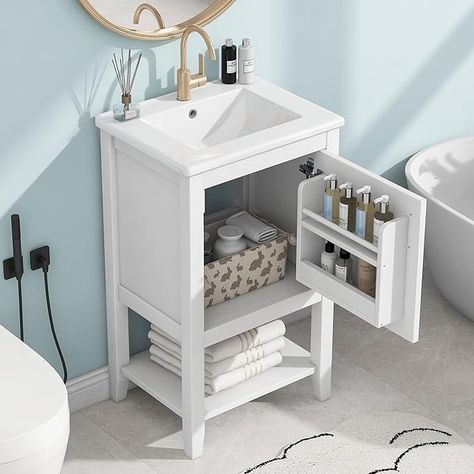 Amazon.com: LUMISOL 20" Small Bathroom Vanity with Sink, Modern Bathroom Cabinet with Storage Door & Open Shelf, Free Standing Bathroom Vanities with Ceramic Sink, White : Tools & Home Improvement Small Sink Vanity Ideas, Small Bathroom Sink Ideas, Small Sink Vanity, Small Bathroom Vanity Ideas, Small Bathroom Vanity, Storage Door, Modern Bathroom Cabinet, Green Vanity, Cabinet With Storage