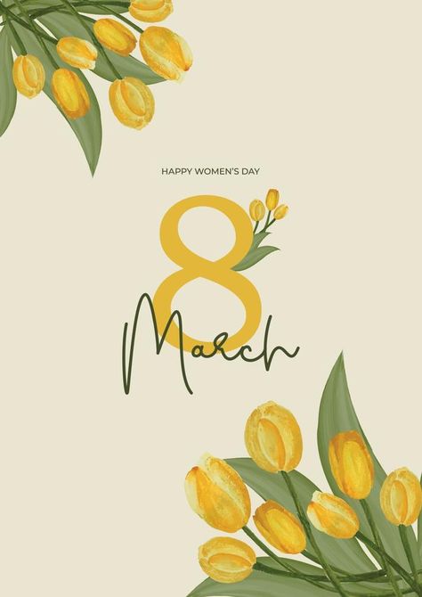 Postcard for March 8 on yellow background with yellow watercolor tulips. Congratulations on Women's Day. Vector template 8 March Women's Day, Vector Typography, Yellow Watercolor, Watercolor Tulips, 8 March, Vector Template, March 8, 8th Of March, Woman’s Day