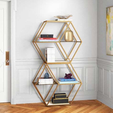 Etta Avenue™ Zeta 64.2'' H x 37'' W Iron Geometric Bookcase & Reviews | Wayfair Office Bookshelf Styling, Wonderland Room, Alice In Wonderland Room, Modular Bookcase, Geometric Bookcase, Industrial Glam, Geometric Furniture, Gold Shelves, Lodge Room